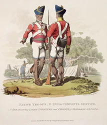 Bennszülött csapatok a Kelet-indiai Társaság szolgálatában: a könnyűgyalogság őrmestere és a Madras Sepoys közlegénye, Joseph Constantine Stadler metszete, 1815 (akvatinta)