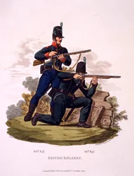Brit lövészek egyenruhája (60. és 95. ezred), az 1813-ban megjelent „A Brit Birodalom jelmezei az utolsó szabályok szerint” c.