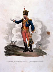 Könnyű dragonyosok vezérőrnagyának egyenruhája, a „British Birodalom hadseregének jelmezei, a legutóbbi 1812-es szabályzat szerint”, J. C. Stadler metszet, kiadó: Colnaghi und Co. 1812-15 (