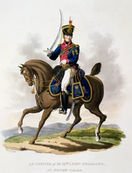 A 9. könnyű dragonyosok tisztjének egyenruhája a felülvizsgálati rendben, a "Costume of the British Empire, according to the Last Regulations" című, 1812-15-ben kiadott kiadványból (kézzel színezett akvatinta).