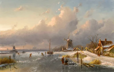 Téli táj szélmalmokkal és korcsolyázókkal egy befagyott víziúton, 1840-es-50-es évek