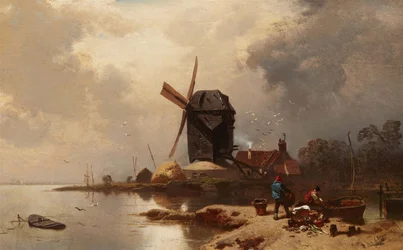 Német: Bockwindmühle an einem Seeufer Postmalom a tó partján