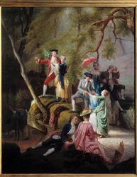 Vidéki szórakozás Galant Scene a nemesek sétája során. Charles Gustave Housez (1822-1880) festménye XIX. Magángyűjtemény