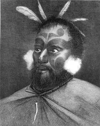 Egy új-zélandi férfi portréja, James Cook kapitány (1728-79) „Utazás a világ körül a déli sarkig” című illusztrációja