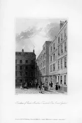Charles Macklin utolsó rezidenciájának külseje, a Tavistock Row, Covent Garden, 1840.