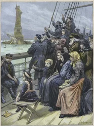Zsidó bevándorlók érkeznek New Yorkba, Amerikai Egyesült Államok 1892-ben - Oroszországból származó zsidó menekültek elhaladnak a New York-i kikötő kolosszális szobra mellett - Charles Joseph STANILAND metszete - "" Zsidó emigránsok érkezése New Yorkba 189