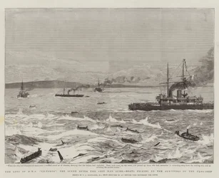A HMS Victoria elvesztése, a Hajó elsüllyedése utáni jelenet, A zászlóshajó túlélőit felszedő csónakok