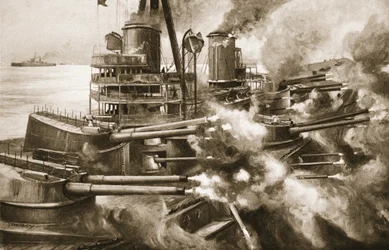 Egyszerre csíp minden foggal: egy nagyszerű modern csatahajó szárnyának hatalmas ereje, a „The Illustrated War News”-ból, 1915