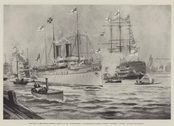 A német császár látogatása, a Hohenzollern érkezése a portsmouthi kikötőbe, Nelson zászlóshajója, a Victory üdvözli a császárt.