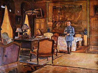 Ferdinand Foch marsall a főhadiszállásán, 1918. szeptember 7., Párizs (színes metszet)
