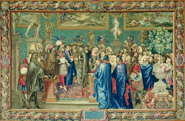 XIV. Lajos (1638-1715) által adott közönség Fuentes grófjának, IV. Fülöp spanyol királyi nagykövetének a Louvre-ban, 1662. március 24., Gobelins Workshop (szőttes)