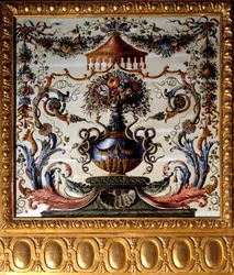 A Chateau de Vaux Le Vicomte (Vaux-le-Vicomte) étkezőjének dísztáblája. Charles Lebrun (Le Brun) festménye (1619-1690) 1656 Chateau de Vaux-le-Vicomte in Seine et Marne.