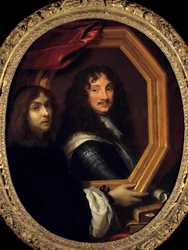 A művész portréja (vagy önarcképe), amely egy katonai képét mutatja be Charles Lebrun (Le Brun) festménye (1619-1690) 17. század V. 1,04x0,85 m - A művész portréja (vagy önarcképe), aki egy katona portréját tartja. Charles Lebru festménye