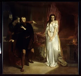Lady Macbeth. Illusztráció William Shakespeare „Macbeth” című drámájához. Egy hálóinges nőt egy másik nő megaláz egy rémült férfi előtt. Charles Louis Muller festménye (1815-1892), 1848, Amiens, Musée de Picardie.