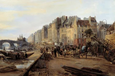 Marie híd és a Saint Paul kikötő 1825 körül. Kilátás Párizsra. Részlet. Charles Louis Mozin (1806-1862) festménye
