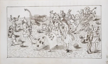 Alice és a Vörös Királynő krokettet játszanak, illusztráció az Alice Csodaországban IV. fejezetéből (toll és tinta papíron)