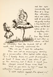Alice tanácsot kap a Kék Hernyótól, illusztrációt az Alices Adventures Under Ground, kocsma. 1886 (fax)