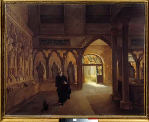 A 14. századi szoborszoba a Musee des Monuments Français-ban Az előtérben Marie Alexandre Lenoir (1761-1839) francia régész. Charles Marie Bouton (1781-1853) festménye 1815 V. 0,6x0,73 m Párizs. Carnavalet Múzeum
