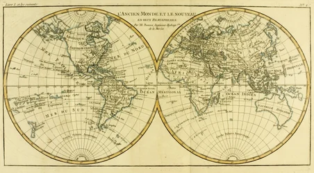 Világtérkép két féltekén, Guillaume Raynal (1713-96) „Atlas de Toutes les Parties Connues du Globe Terrestre” című művéből, Genfben kiadva, 1780