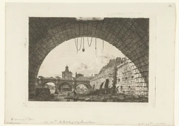 Gezicht op Pont-Neuf van onder boog Pont-au-Change Párizsban A Pont Neuf és a Samaritaine a Pont au Change első íve alól