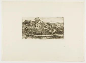 Bennszülött pajták és kunyhók Akaroa-ban, Banks-félsziget, 1845