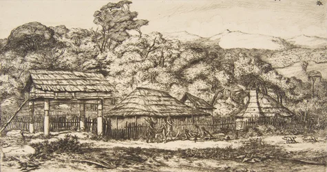 Natív pajták és kunyhók Akaroában, Banks-félszigeten, 1845, 1860.