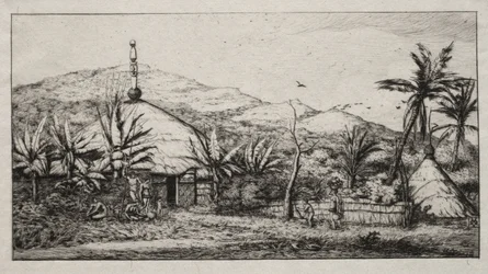 Új-Kaledónia: Nagy bennszülöttkunyhó a Balade-Puebo felé vezető úton, 1845
