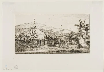 Új-Kaledónia: Nagy bennszülöttkunyhó a Balade-Puépo felé vezető úton, 1845