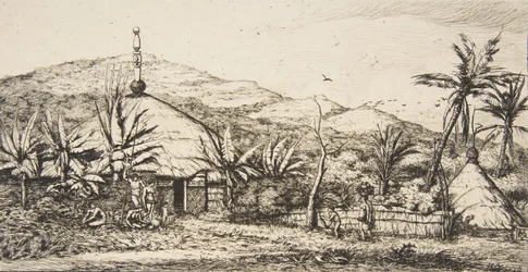 Új-Kaledónia: Nagy bennszülött kunyhó a Balade-Puebo felé vezető úton, 1845, 1863.