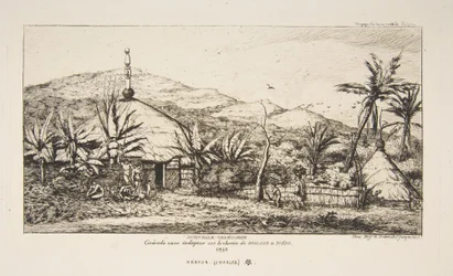 Új-Kaledónia: Nagy bennszülött kunyhó a Balade-ból Puebo felé vezető úton, 1845, az „Utazás Új-Zélandra (1842-46)” című műből