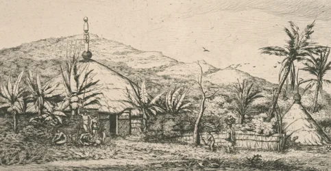 Új-Kaledónia, Új-Kaledónia: nagy bennszülött kunyhó a Poepo felé vezető sétányon, illusztráció az "Etching of the Pacific..." című filmből, 1863