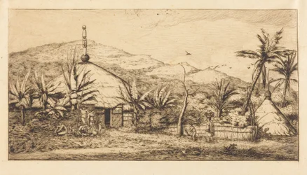 Új-Kaledónia: Nagy bennszülött kunyhó a Balade és Poepo közötti úton, 1845 (New Caledonia: Large Native Hut on the Road from Balade to Puebo, 1845)