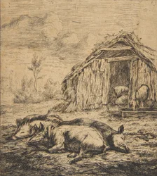 Három disznó hever egy fészer előtt, 1850.