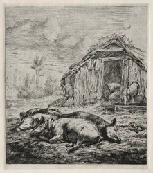 Három disznó hever egy büfé előtt, 1850.
