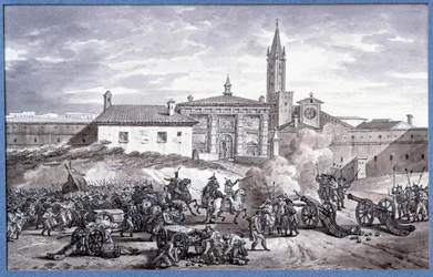 Itáliai hadjáratok: „” Napóleon Bonaparte (1769-1821) és marechal Augereau 1796-ban ágyúval kitűzte az olaszországi Verona kapuját””” Rajz a Charles Meynier-nek (1768-1832) tulajdonított tollban. Homályos. 0,25x0,4 m. Párizs, Louvre Múzeum