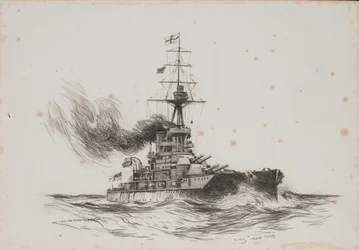 Az Iron Duke brit hajó. Charles M. Padday () rajza (25,5x36,8 cm), 20. század eleje.