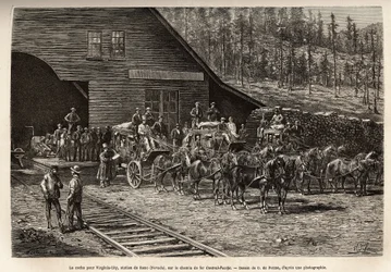 A Reno állomás Virginia City (Nevada) felé, a Central Pacific Railway (Central Pacific) vonalán, amelyet O. de Penne rajza után vésett, amely a Washingtonból San Franciscóba tartó utazást illusztrálja 1868-ban, L. Simonin, megjelent a „Le t