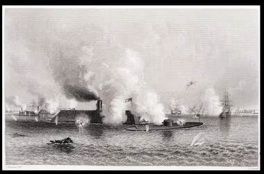 Eljegyzés a „Monitor” és a „Merrimack” között, 1862. március 9., „The History of the United States”, 1. kötet II, Charles Mackay, metszette J. Davies