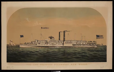 Az alacsony nyomású gőzhajó Újvilág. A Hudson folyón, New York és Albany között (litográfia, színes)