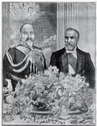 Szívélyes: Emile Loubet francia elnök londoni látogatása – a bankett a francia nagykövetségen – VII. Edward király és Loubet – Paul Renouard a The Graphic című újság számára készített. 1903. július.