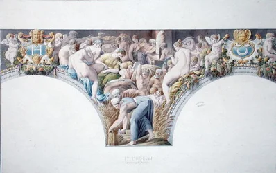 Ms 1014 Frieze a fontainebleau-i bálteremből, tányér egy albumból (akvarell és ceruza papíron)