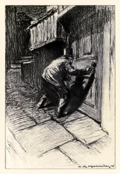 Az ajtó előlapja Robert Louis Stevenson (1850-1894) "Dr. Jekyll és Mr. Hyde furcsa esetéből", Charles Raymond Macauley (1871-1934) illusztrálásával