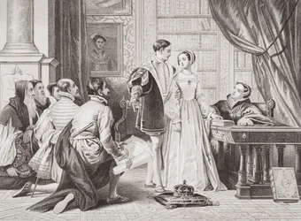 Lady Jane Grey vonakodása a korona elfogadásától, Sion House, 1553. július 8., az "Illustrations of English and Scottish History" I. kötetéből.