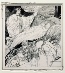 Ott feküdt, olyan gyönyörűen nézett ki, illusztráció a Briar Rose-ból, Tündérország igazi évkönyvei - Herla király uralkodása, kocsma. J.M. Dent & Co. Ltd., 1900