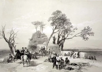 Panjab: A brit Piquets által 1845. február 10-én elfoglalt rhodawalai előőrs, 8. tábla az „India visszaemlékezéseiből”, James Duffield Harding (1798-1863) metszete, 1847 (litho)