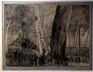 Francia forradalom: „” Jean-Paul Marat (1743-1793) holtteste eltemetett a Cordeliers kertjében”” Charles Thevenin (1764-1838) rajza 1793 Versailles, Musee Lambinet