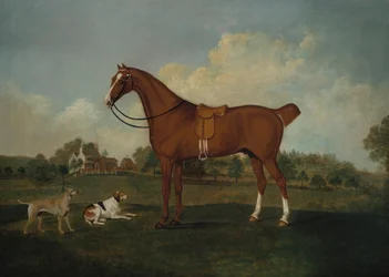 Öbölvadász két vadászkutyával egy tájban, egy kastély mellett, 1779