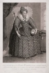 I. Erzsébet királynő jogart és gömböt tart a kezében, 1868