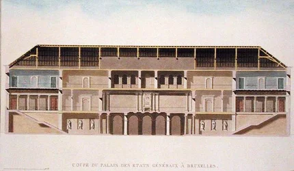 A brüsszeli Palais des Etats Generaux keresztmetszete, Pierre Jacques Goetghebuer "Choix des Monuments, Edifices et Maisons les plus remarquables du Royaume des Pays-Bas" című, 1827-ben megjelent művéből (akvatinta) (lásd még 189231).