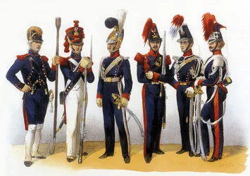 A francia hadsereg egyenruhái: Nemzeti Gárda (tüzérség és lovasság), 18-19. század, metszette Charles Vernier (1831-1887)